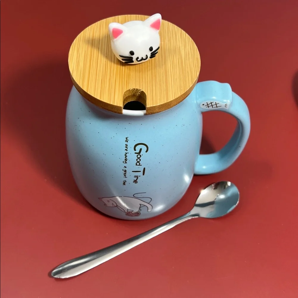Blue Cat-Themed Ceramic Mug with Lid and Spoon